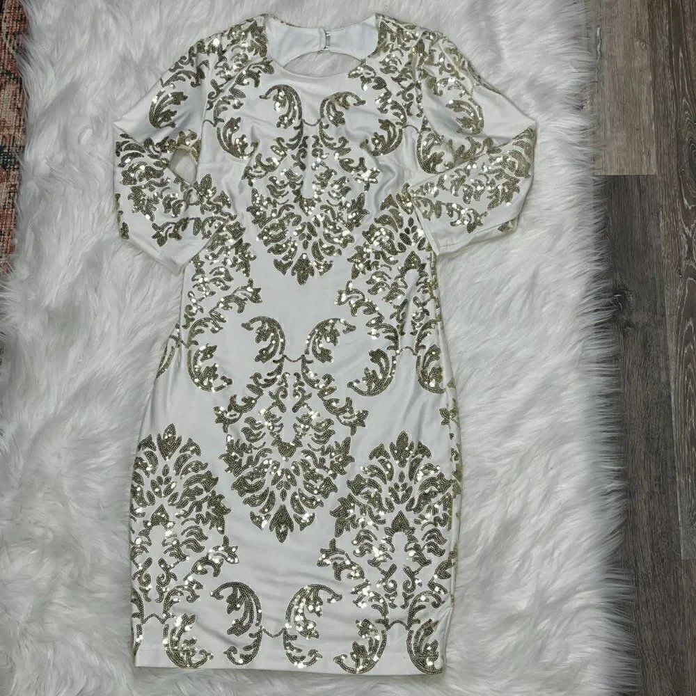 B Darlin Bodycon Dress with Sequins Gold Ivory - Picture 7 of 16